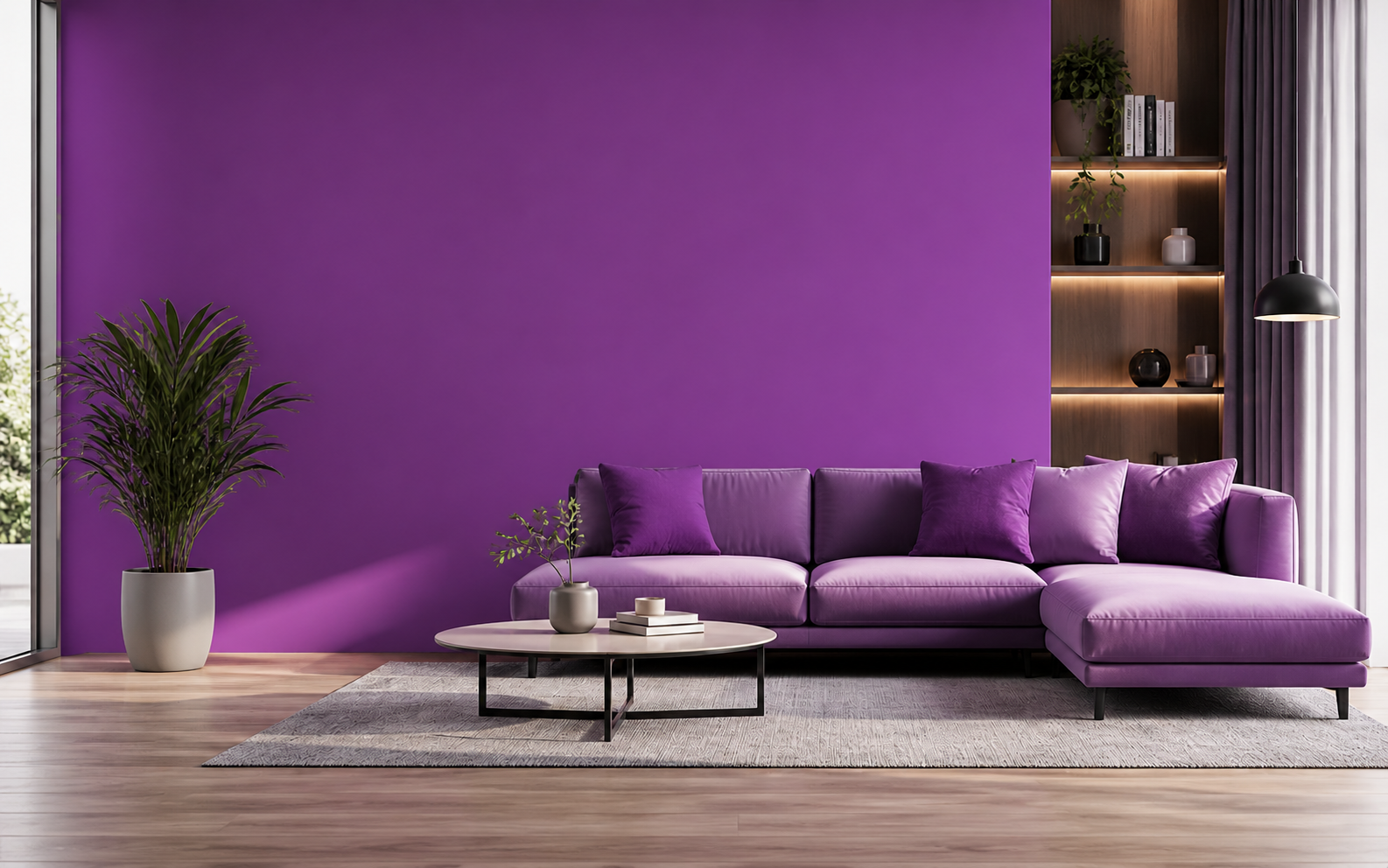 Ambiente living moderno con grande parete viola dipinta con PopIntenso, idropittura lavabile e coprente per rinnovare pareti interne di soggiorni, camere e studi.